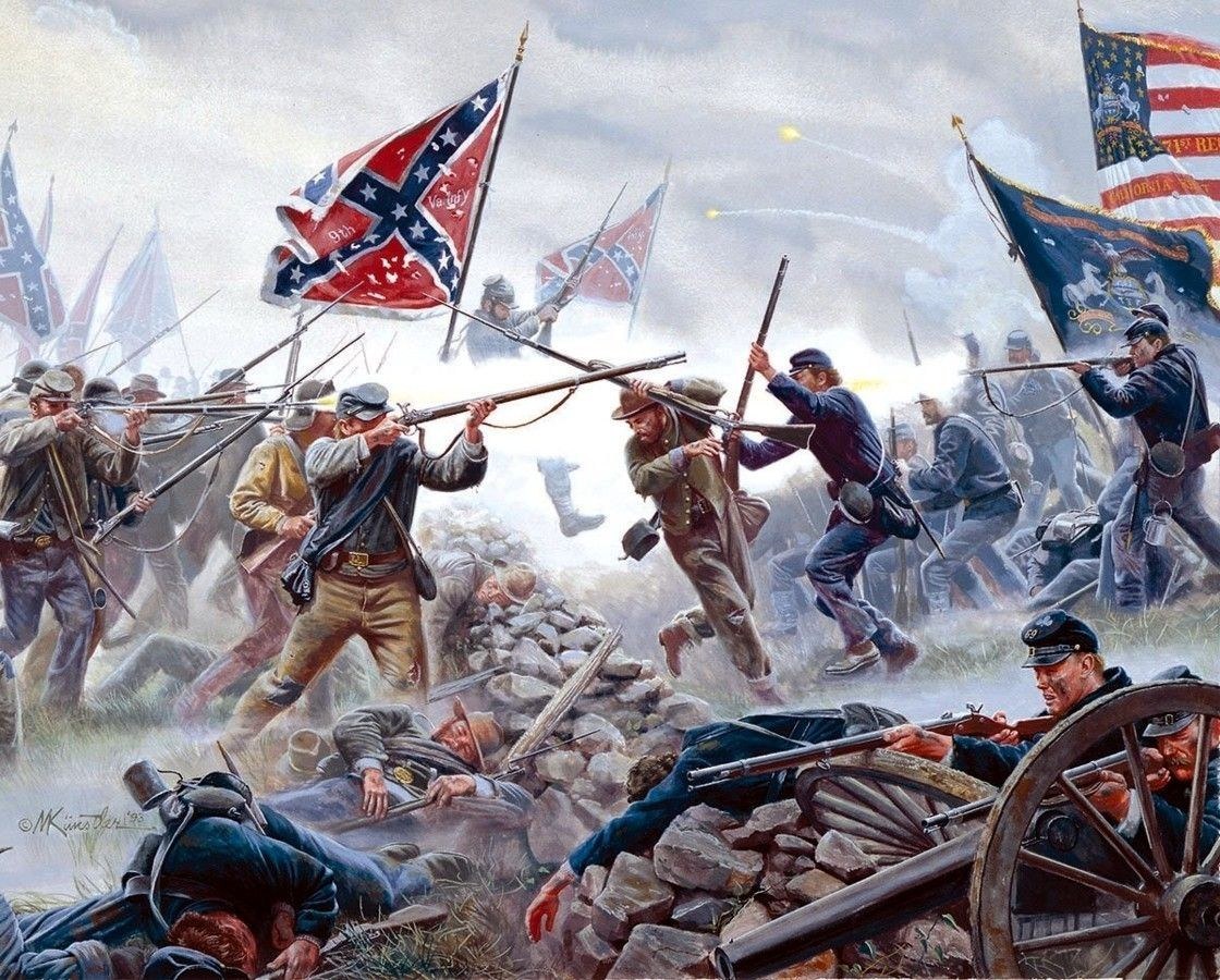 Painting of Civil War combat at the Battle of Gettysburg