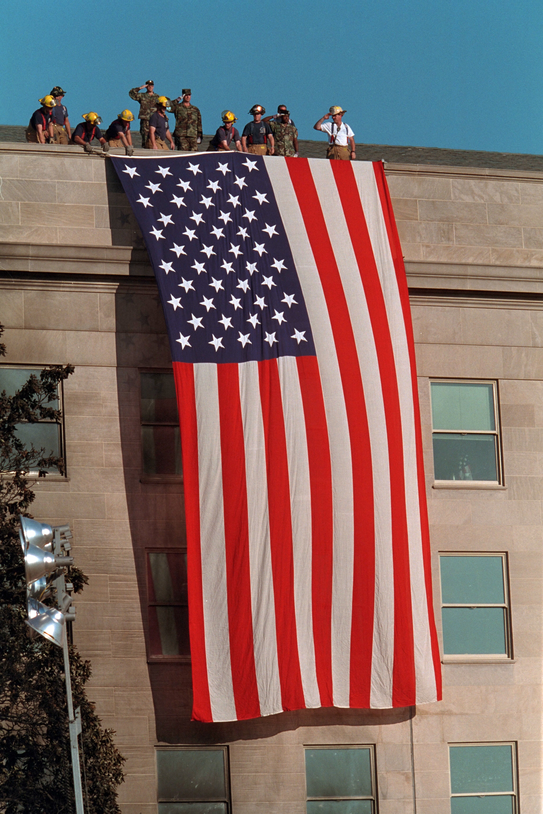 American flag unfurled over the Pentagon after September 11, 2001